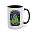 White ceramic coffee mug with a bright yellow handle and interior, featuring a printed alien abduction design with two purple cats, peace signs, and the phrase “Take Me to Your Barista” in green and purple text.